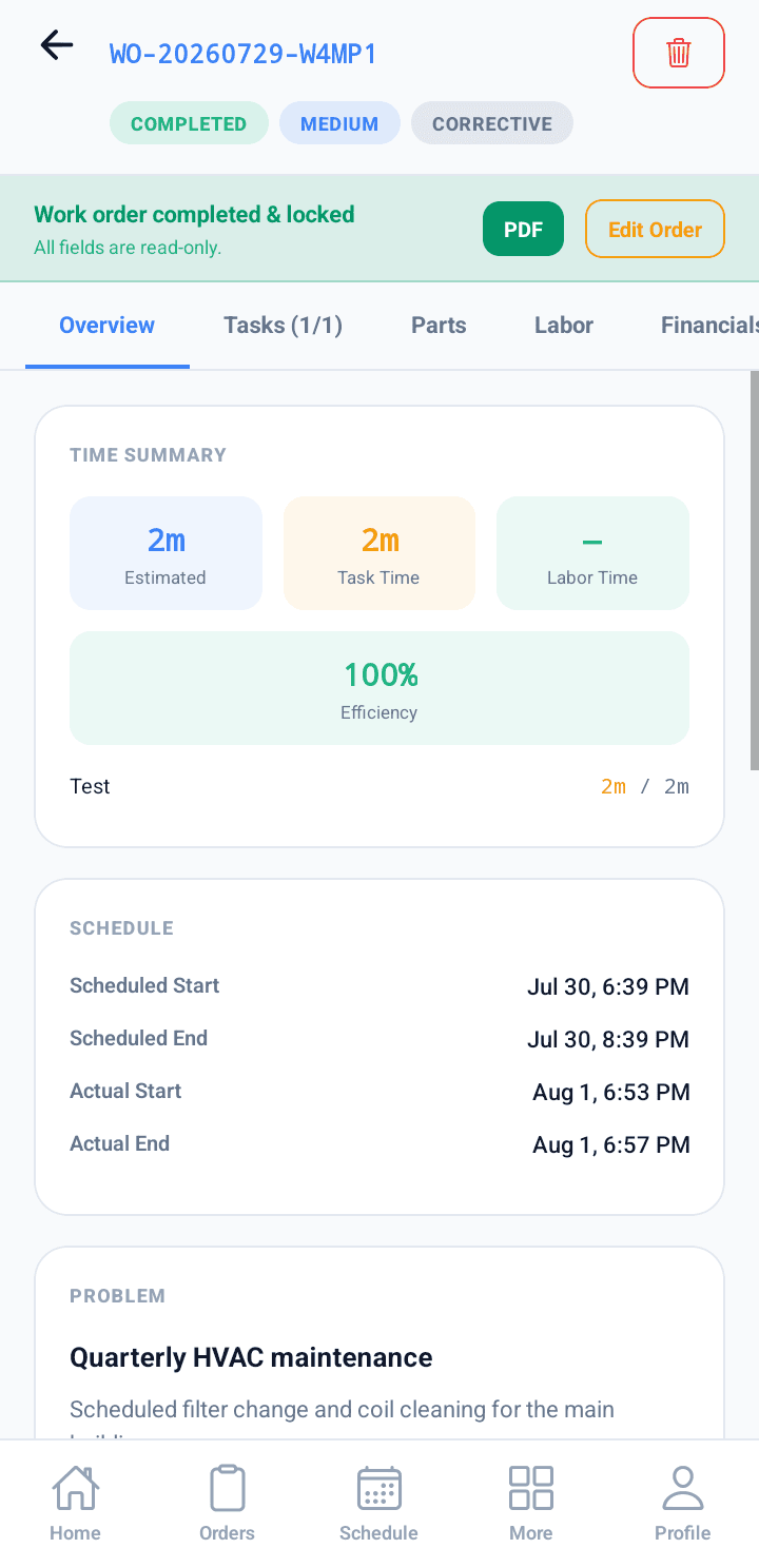 Roldesk móvil: trabajo completado con resumen de tiempo y eficiencia
