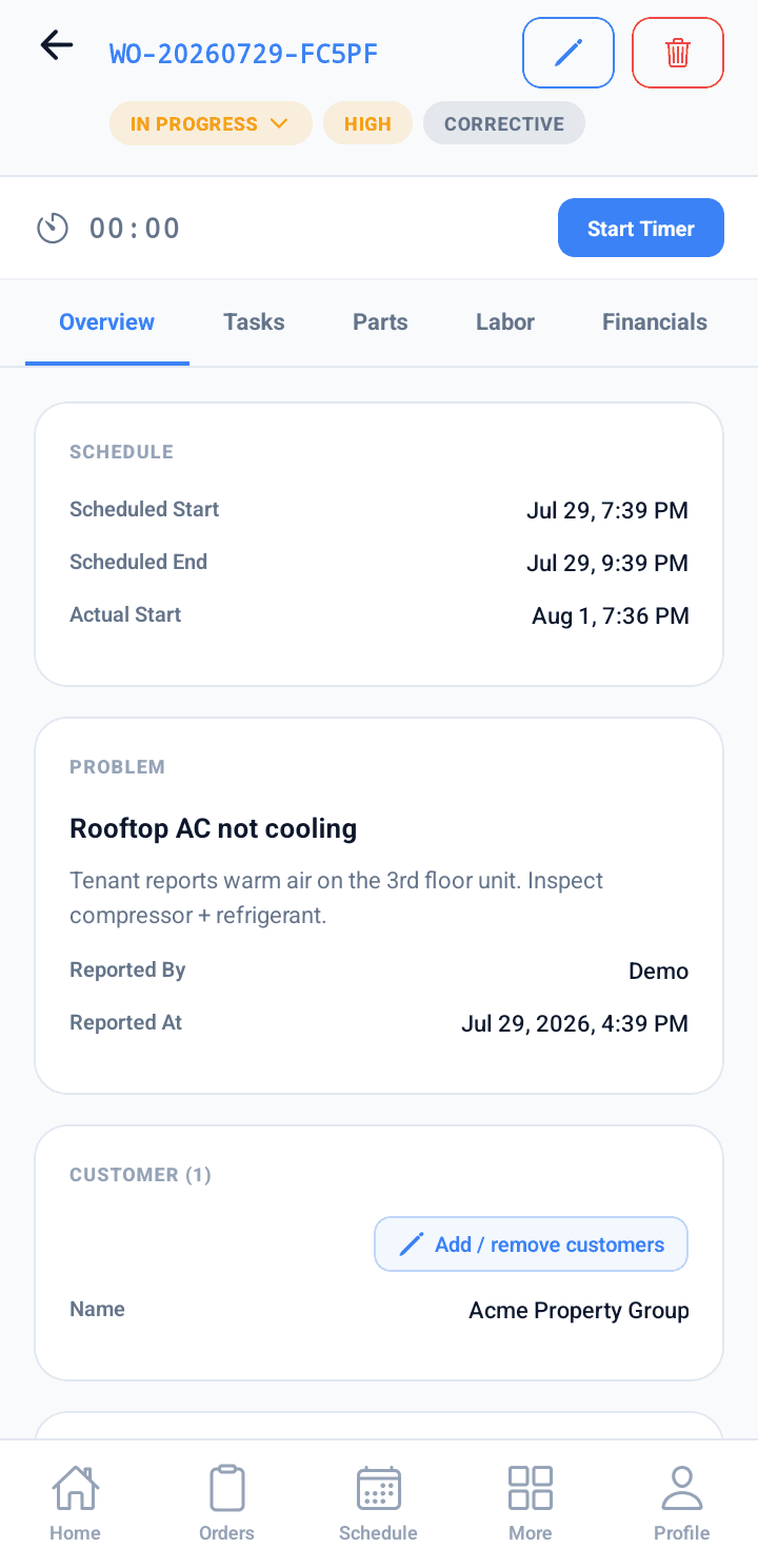 Detalle de orden de trabajo en Roldesk móvil